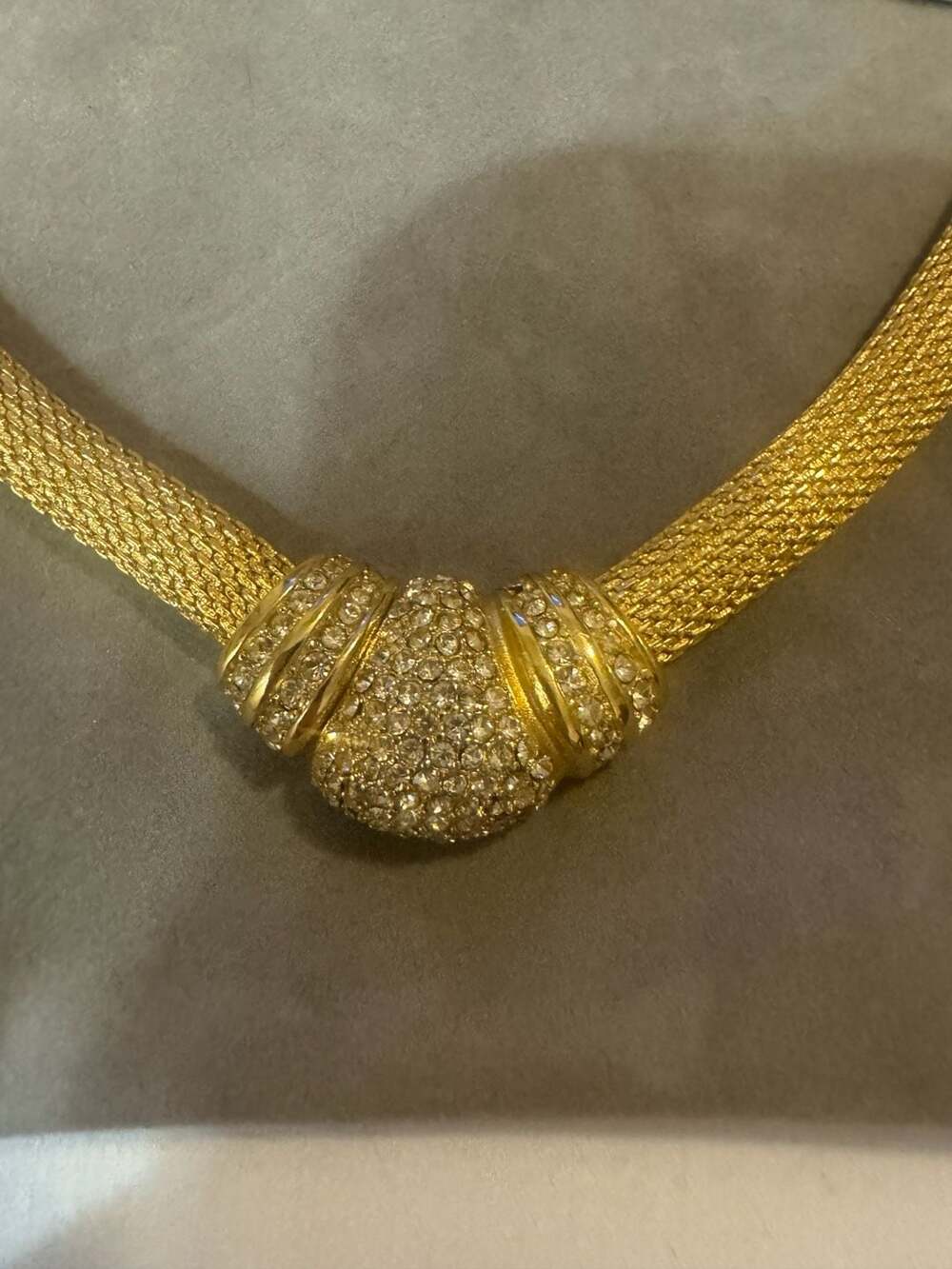 Vintage Christian Dior Gold Tone Mesh Choker Necklace with Rhinestone Centerpiec - Picture 3 of 7